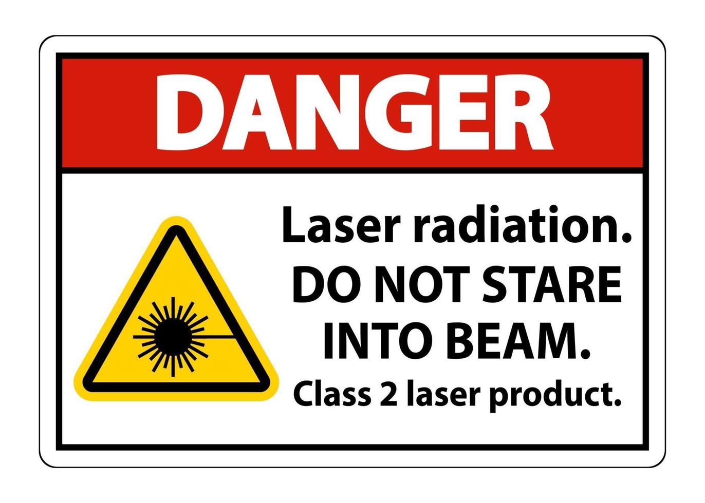 Peligro de radiación láser no mire fijamente el rayo de producto láser de clase 2 signo sobre fondo blanco. vector