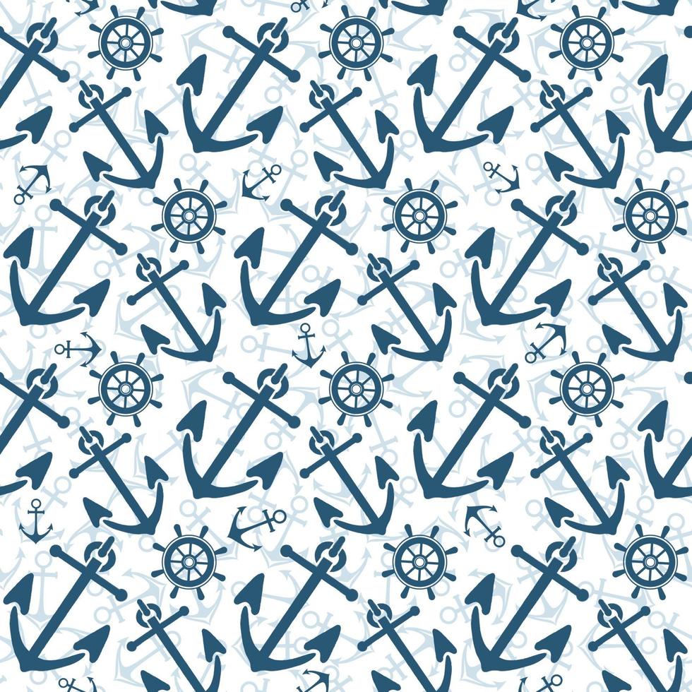 Vector seamless pattern. Steering wheel, life preserver, anchor. Nautical theme. Summer pattern.