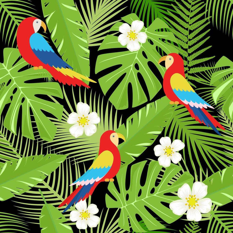 Floral background with tropical flowers, leaves and parrots. Vector seamless pattern for stylish fabric design, paper, web.