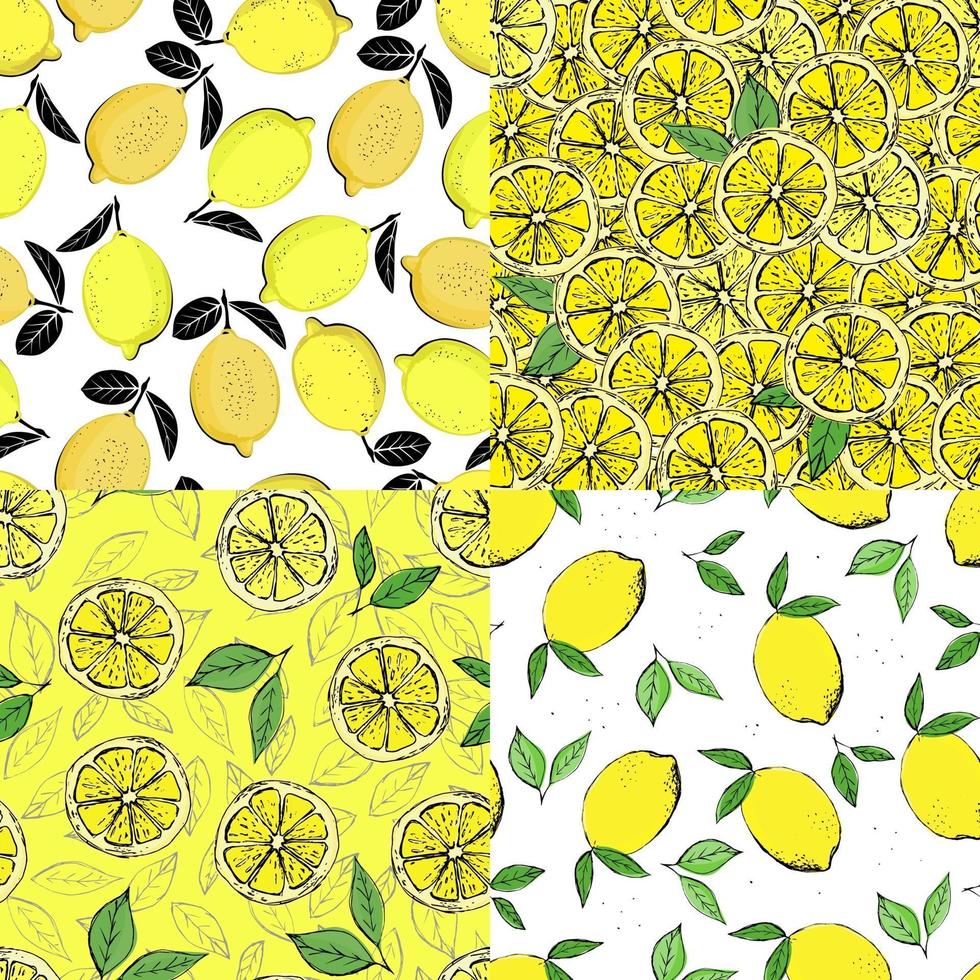 conjunto de patrones sin fisuras de cítricos. dibujados a mano coloridos patrones sin fisuras de limones dibujados a mano y hojas verdes. perfecto para carteles de papel tapiz de fabricación textil. vector