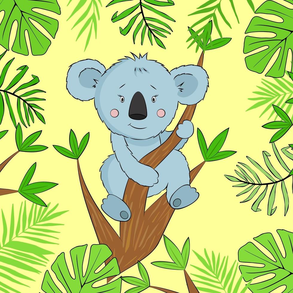 Vector illustration cartoon koala on the eucalyptus tree branch. Illustration with funny koala and exotic leaves.