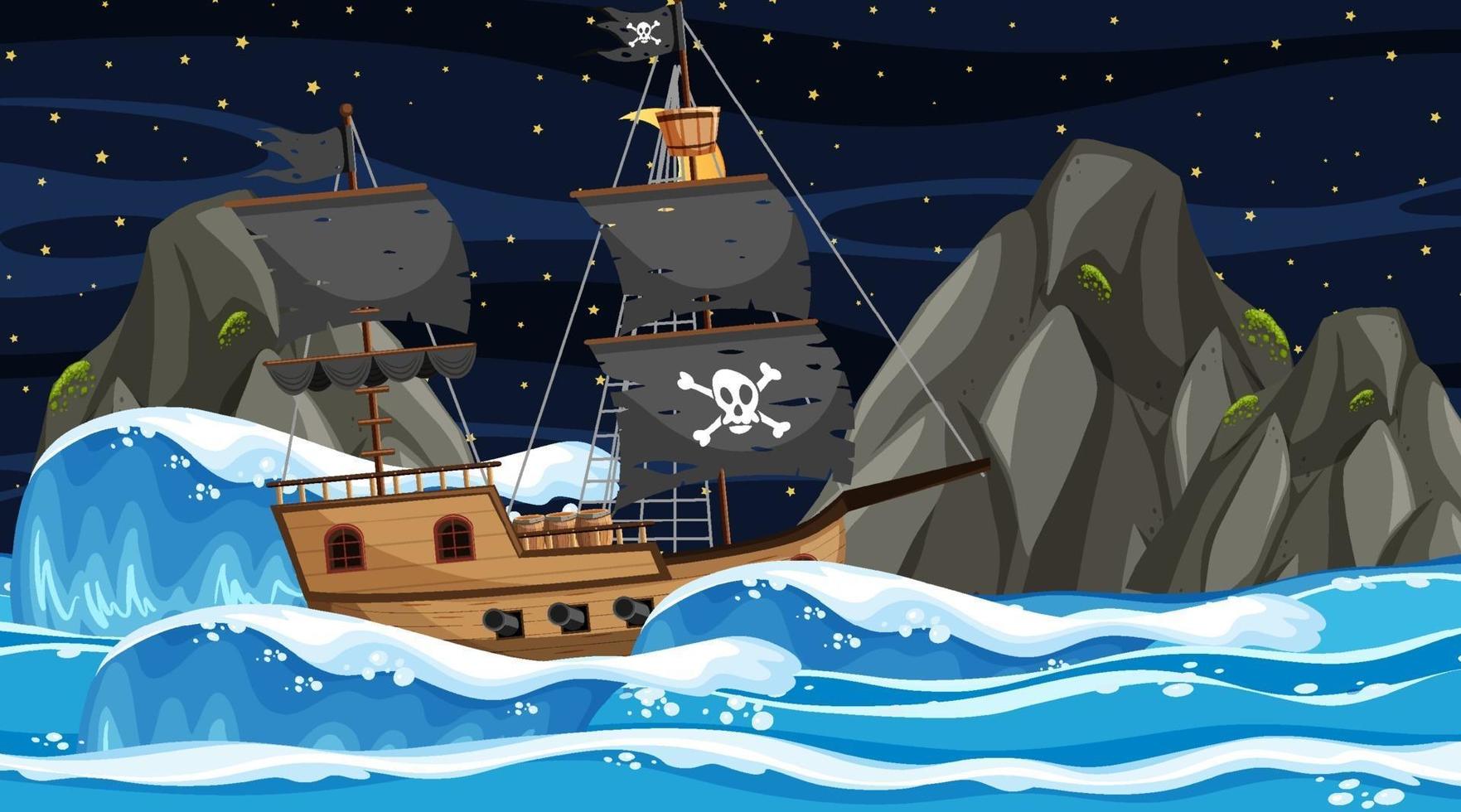 océano con barco pirata en la escena nocturna en estilo de dibujos animados vector