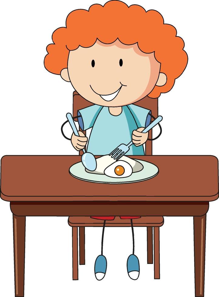 un niño desayunando doodle personaje de dibujos animados aislado vector