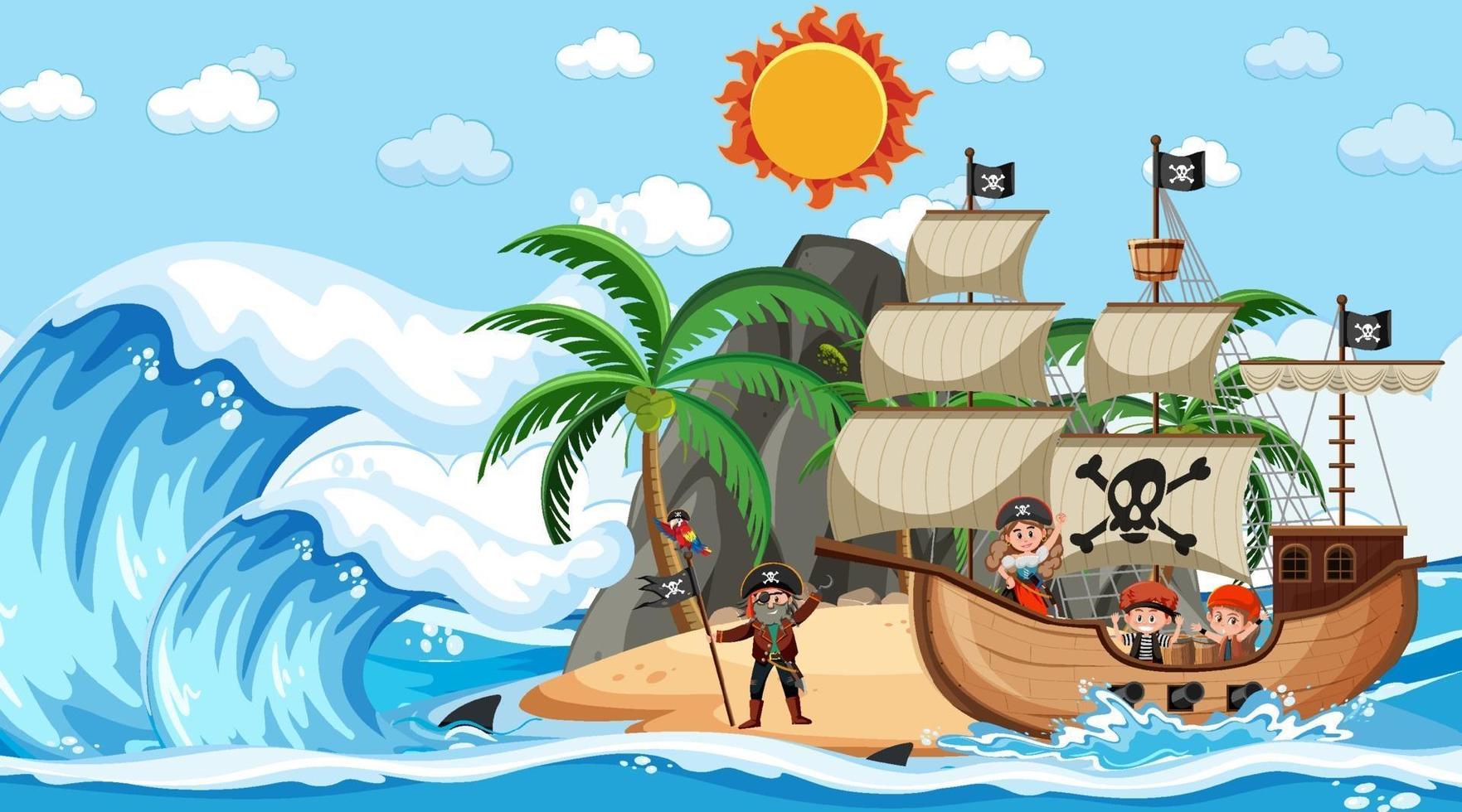 playa con barco pirata en la escena diurna en estilo de dibujos animados vector