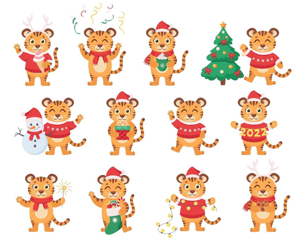 Cute tigers collection. Year of the Tiger. Merry Christmas and Happy New Year 2022. Vector illustration
