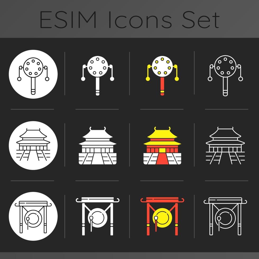 conjunto de iconos de tema oscuro de historia china vector