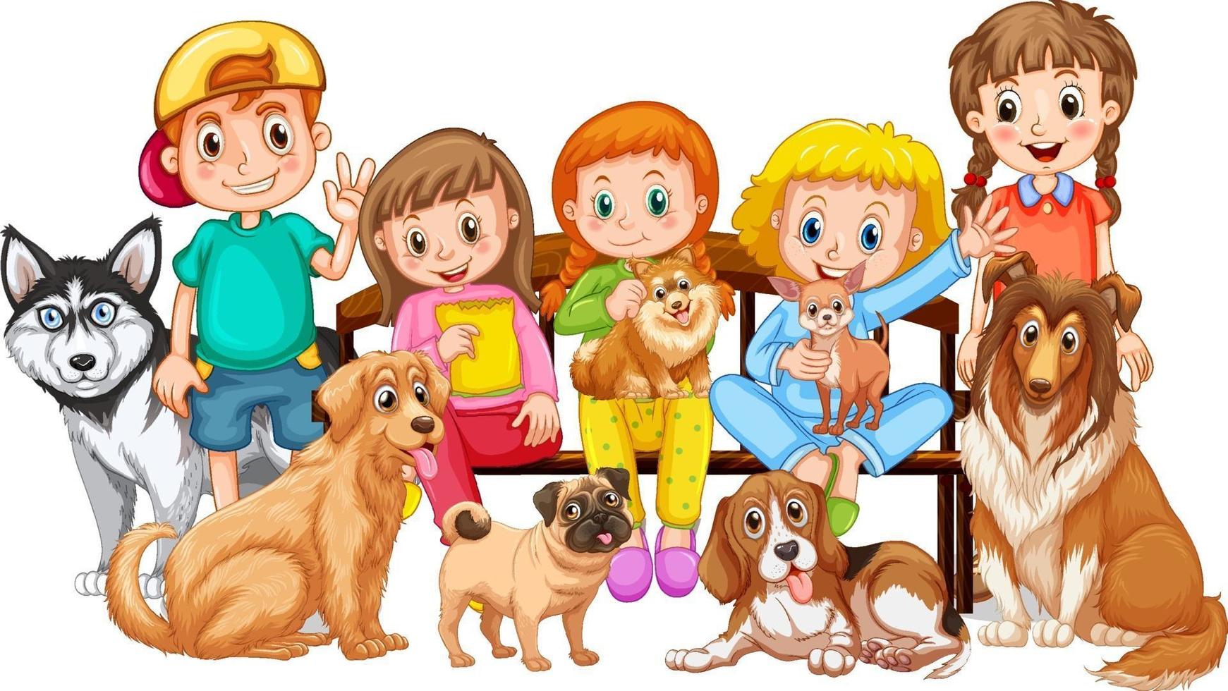 grupo de niños con sus perros vector