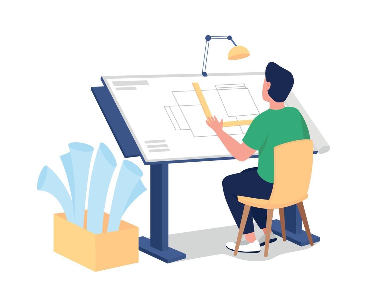 Male architect at work flat color vector faceless character
