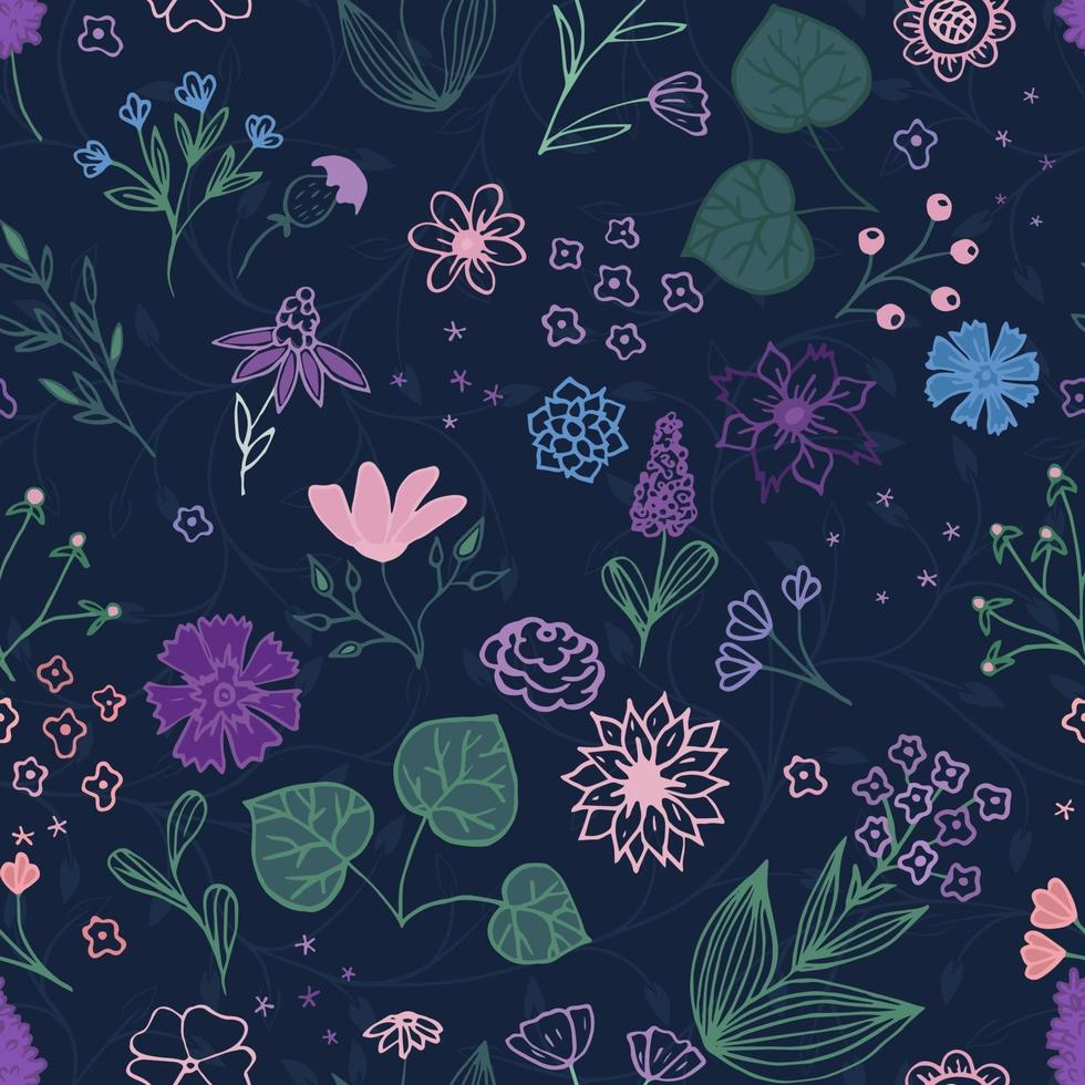 boceto de bordado floral. boceto de motivos botánicos dibujados a mano. doodle, flores de jardín, hojas, ramas. textura de vector moderno para moda, tela, impresión retro.