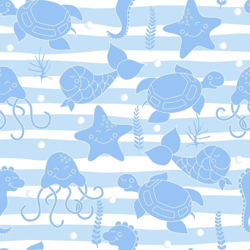 Hand drawn vintage nautical seamless pattern. Fish, sea star, whale, sea horse, octopus. Smiling animals. Template design for children's fabrics. vector