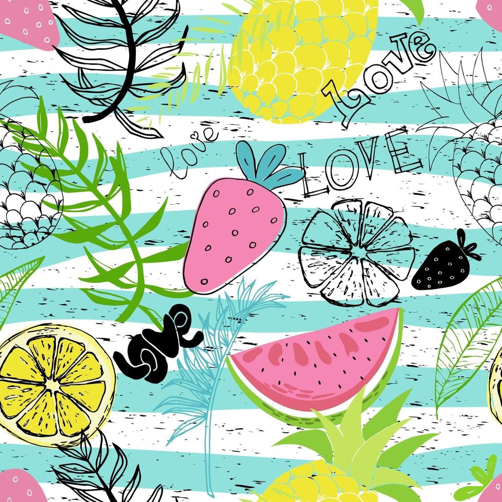 fondos de pantalla divertidos tropicales exóticos. patrón sin fisuras con hojas, piñas, fresas y limones sobre fondo de colores. vector