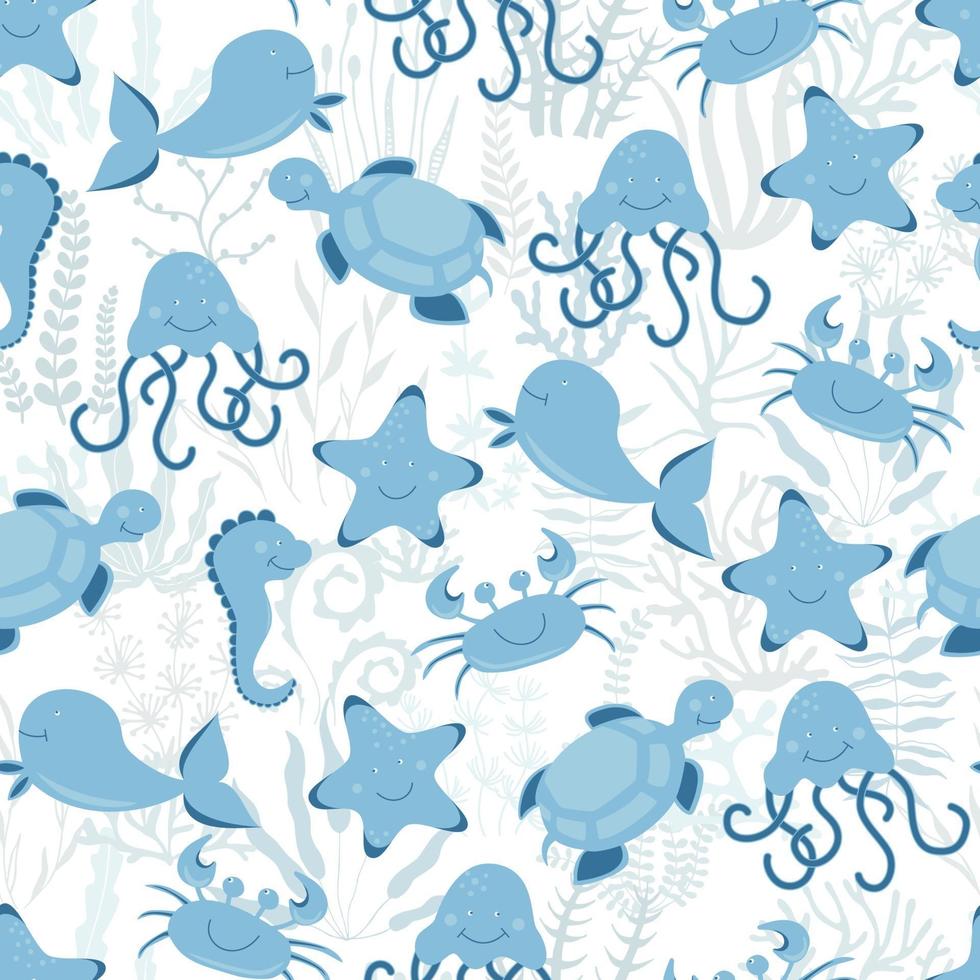 Seamless cute blue crab pattern, cartoon hand drawn animal doodles. Funny crabs with waves. vector