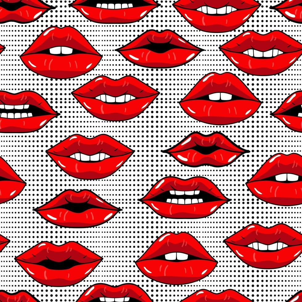 Seamless pattern with red lips in pop art style on abstract background with dots. Beauty repeated backdrop. Girlish wallpaper. Dots and kiss lips. Colorful cartoon style. vector