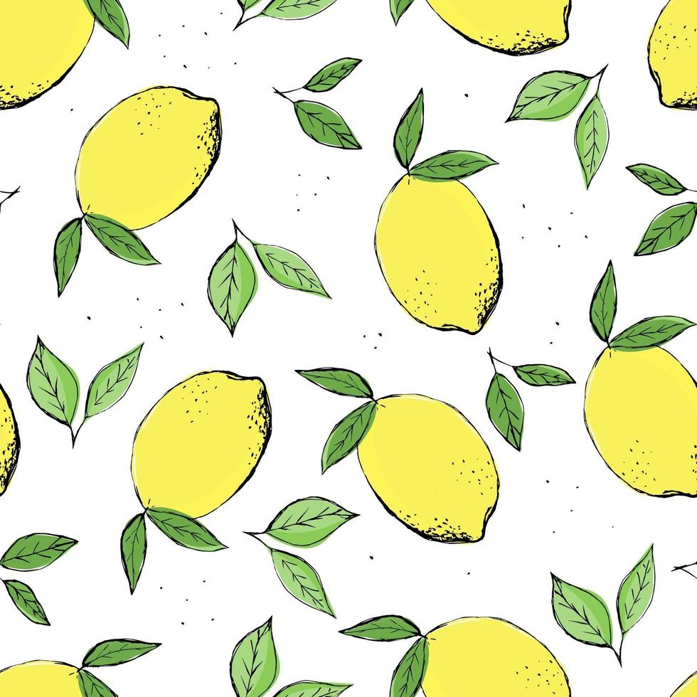 Hand drawn colorful seamless pattern of hand drawn lemons and green leaves on white background. Perfect for textile manufacturing wallpaper posters. vector