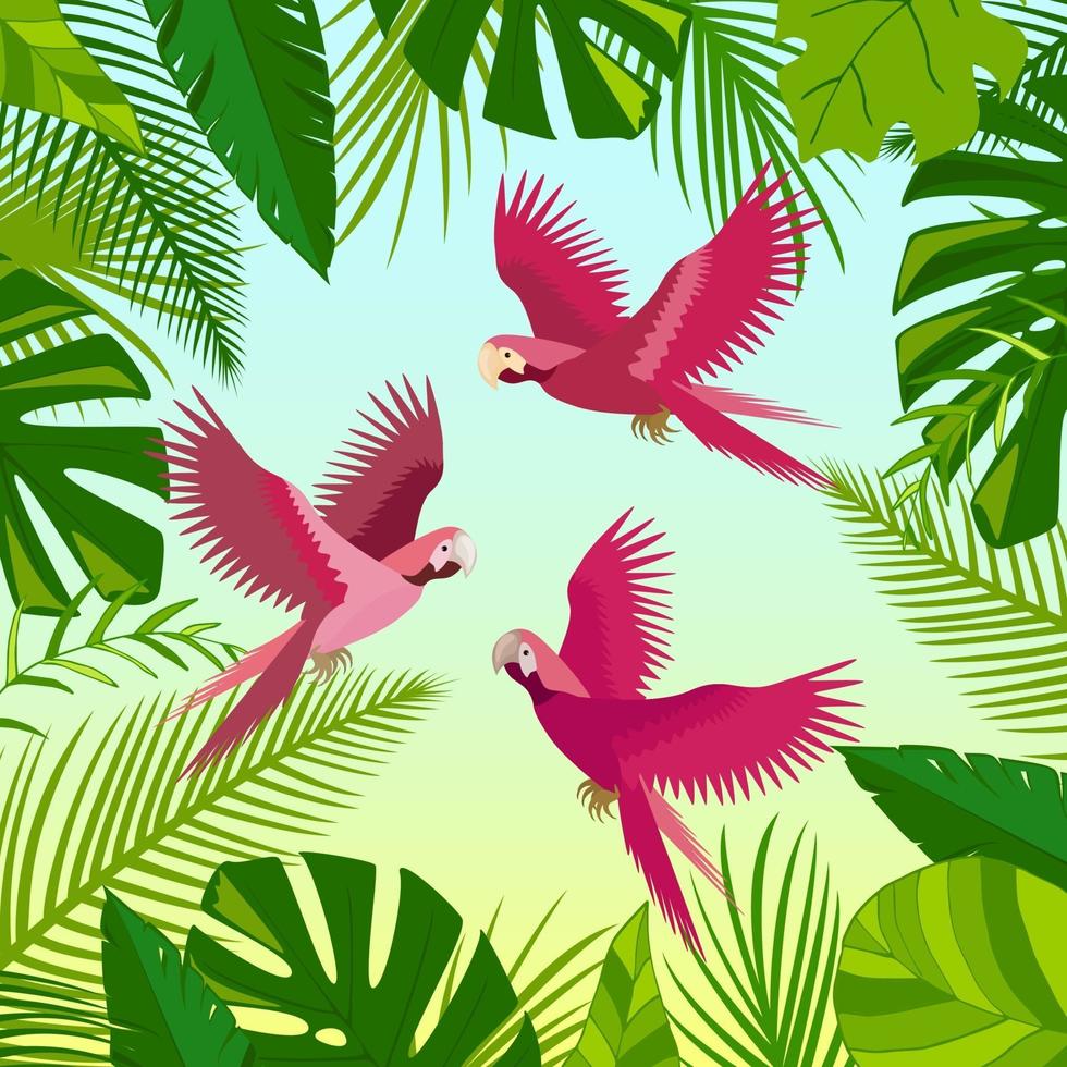 loros rosados, hojas de palmera verde, composición de hojas de selva. Ilustración de vector tropical hermoso verano floral aislado. impresión de aves exóticas.