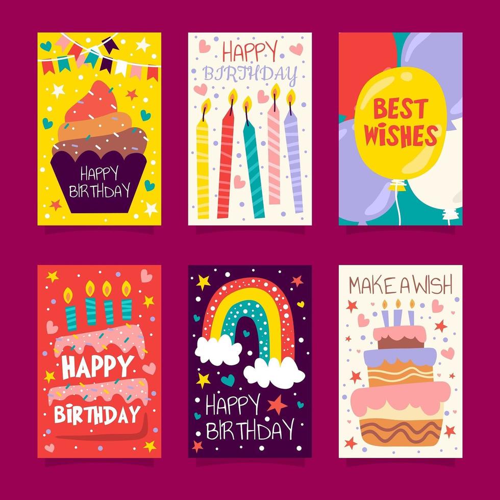 colección de tarjetas de cumpleaños en estilo garabatos vector