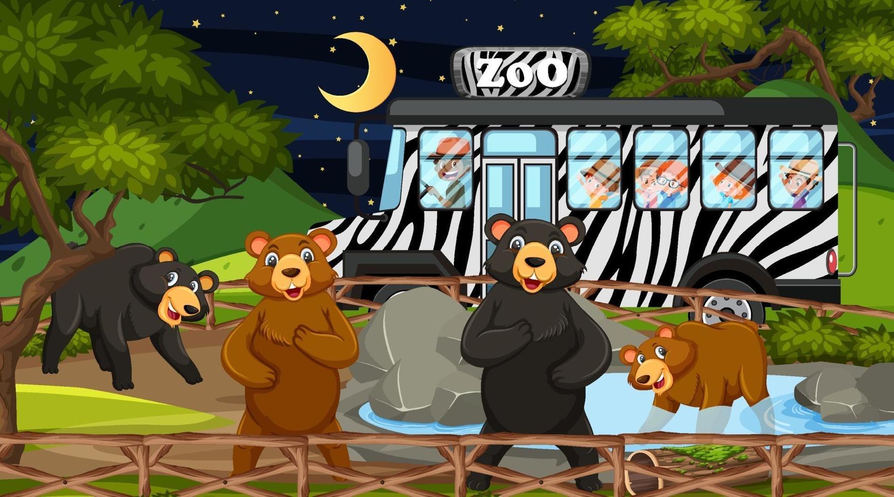 Safari en la escena nocturna con muchos niños viendo el grupo de osos. vector