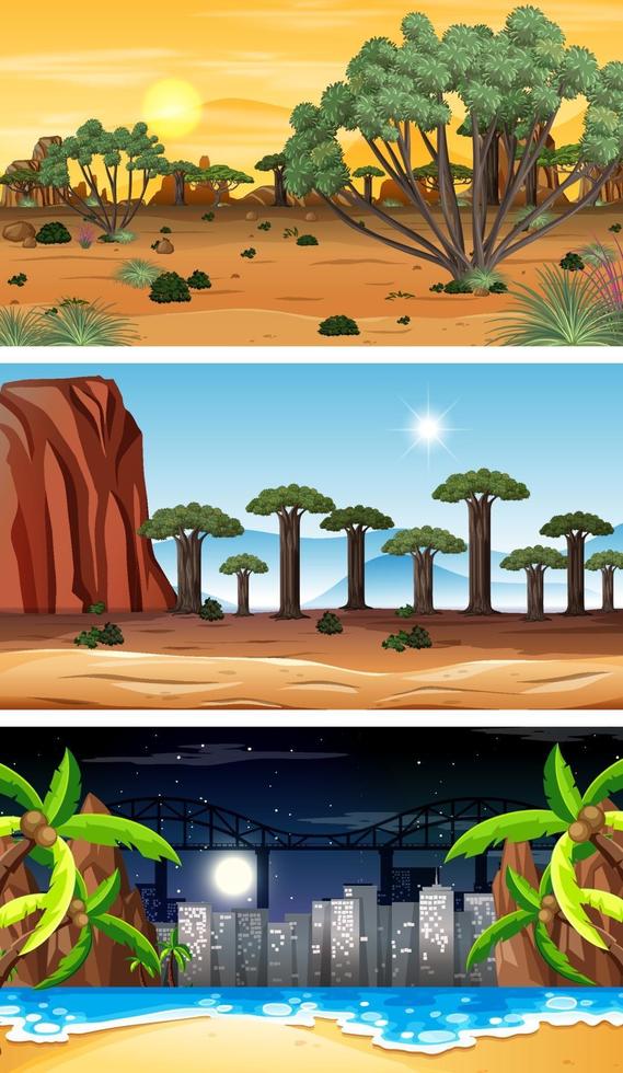 Tres escenas horizontales de bosque diferentes. vector