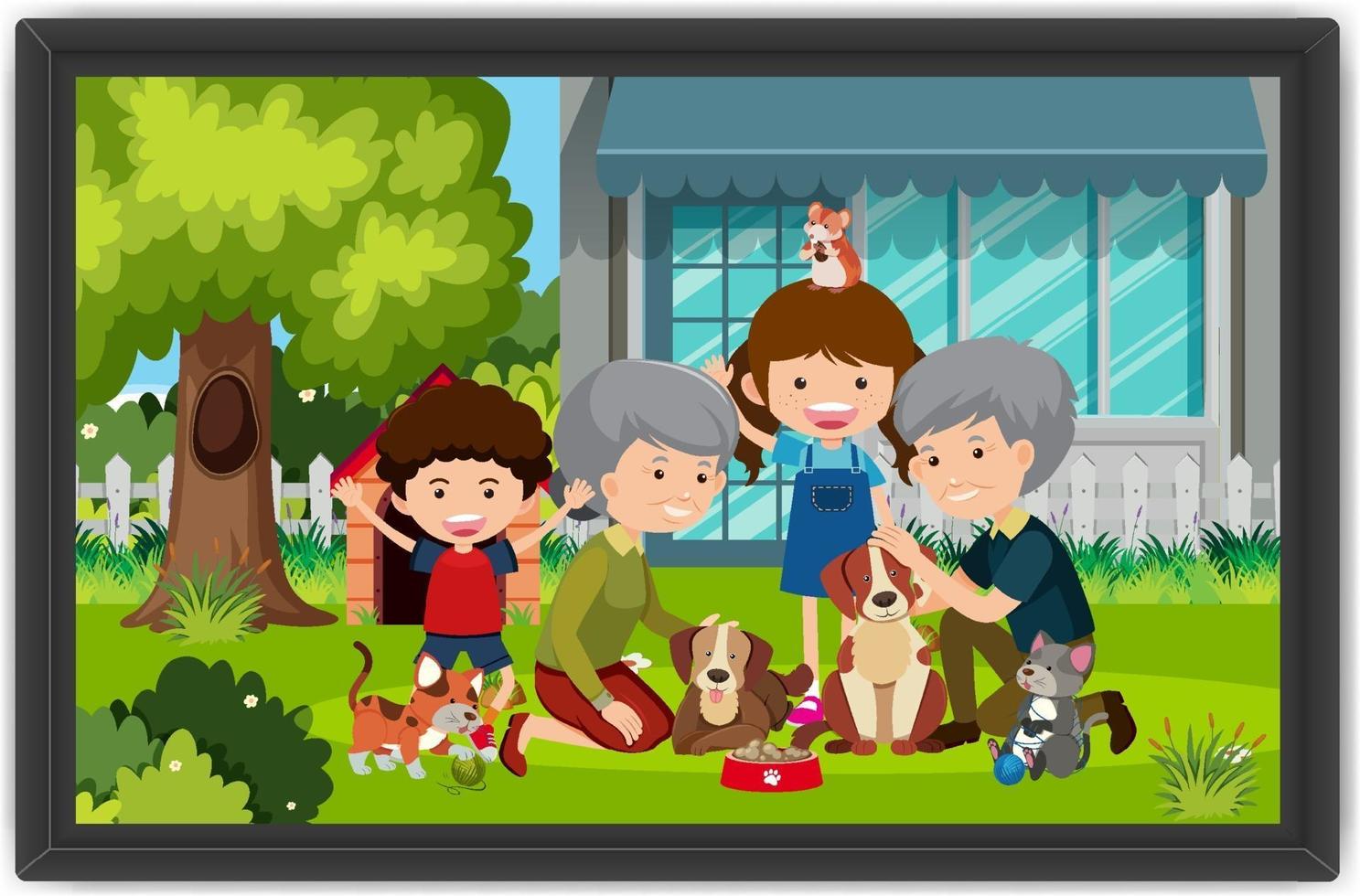 Happy family playing with their dogs outdoor scene in a photo frame vector