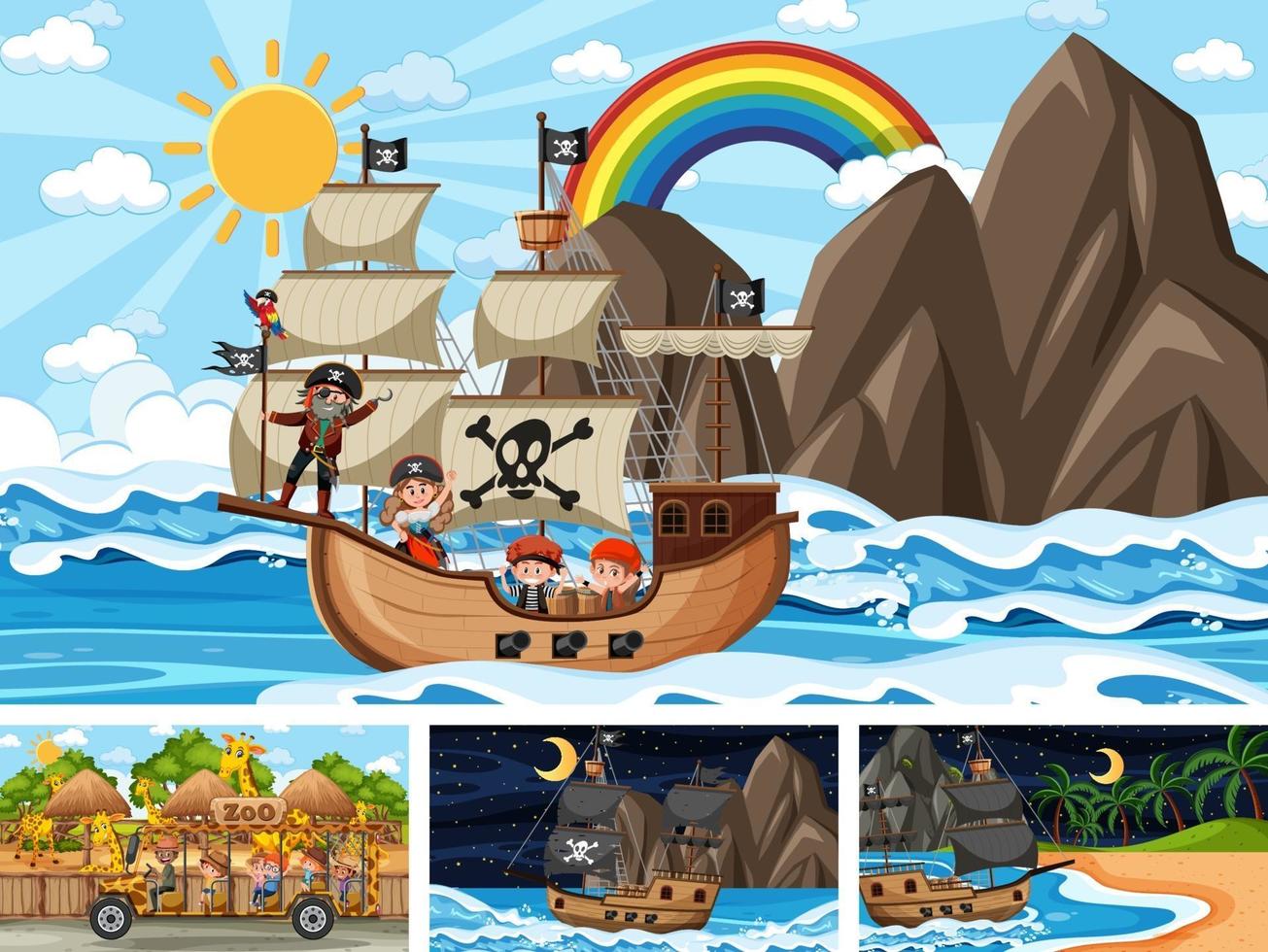 Set of different scenes with pirate ship at the sea and animals in the zoo vector