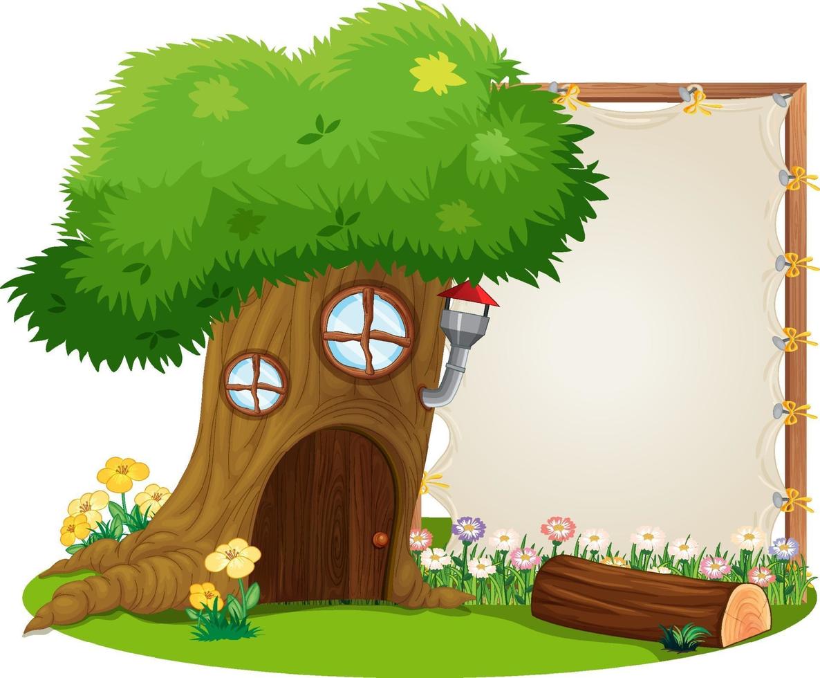 Blank banner in the garden with tree house isolated vector