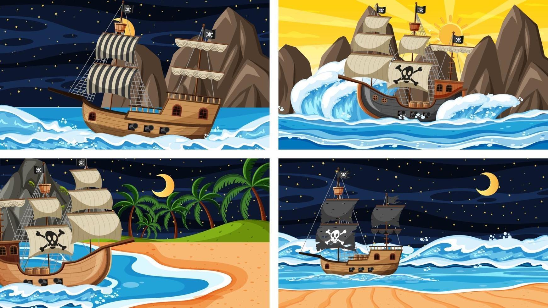 conjunto de océano con barco pirata en diferentes momentos escenas en estilo de dibujos animados vector