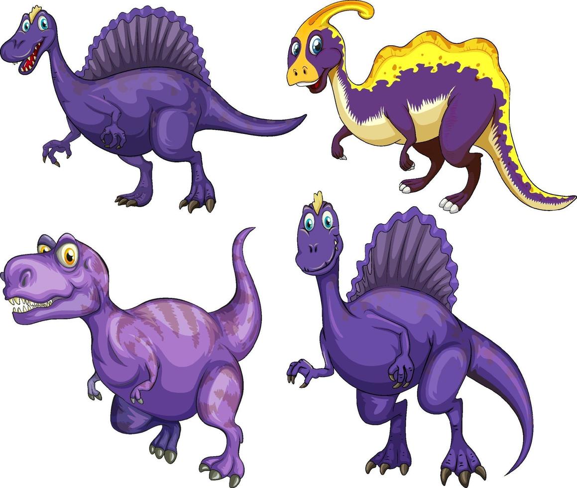 conjunto de personaje de dibujos animados de dinosaurio púrpura vector