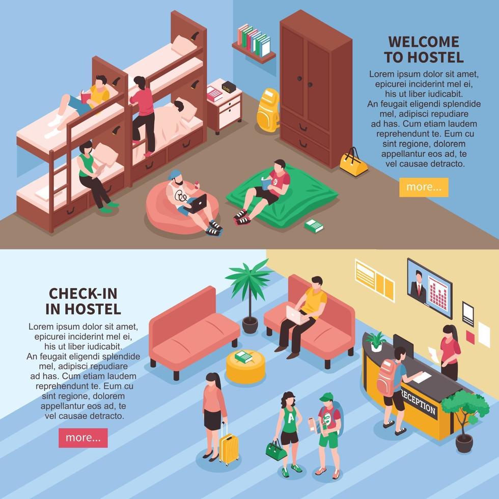 Hostel Rooms Isometric Banners Vector Illustration