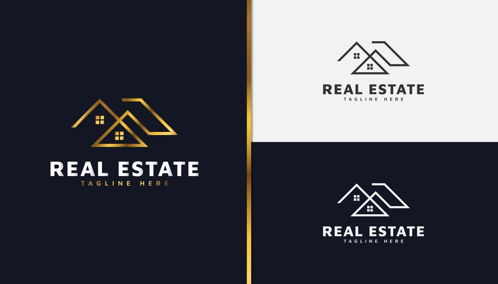 logotipo de oro de bienes raíces con estilo de línea. plantilla de diseño de logotipo de construcción, arquitectura o edificio vector