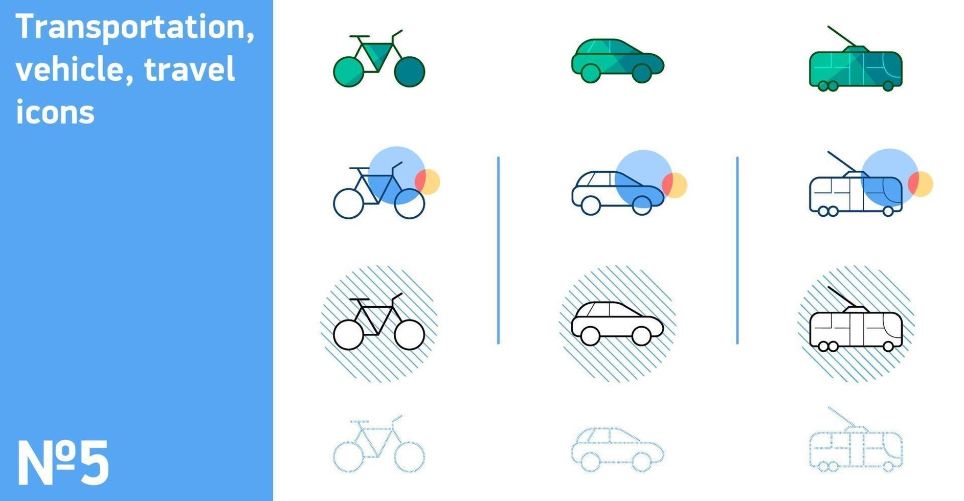 This is a set of bike and trolleybus icons and cars in different styles vector