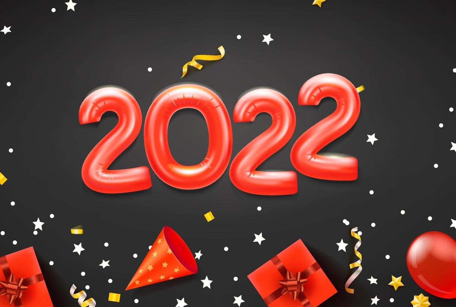 Feliz nueva tarjeta de felicitación de 2022 con globos rojos y accesorios navideños. vector