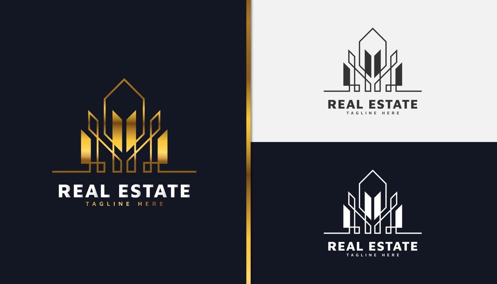 logotipo de bienes raíces en degradado dorado con estilo de línea. plantilla de diseño de logotipo de construcción, arquitectura o edificio vector