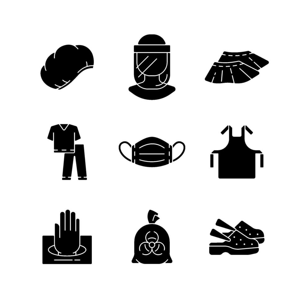 Disposable medical uniform black glyph icons set on white space vector