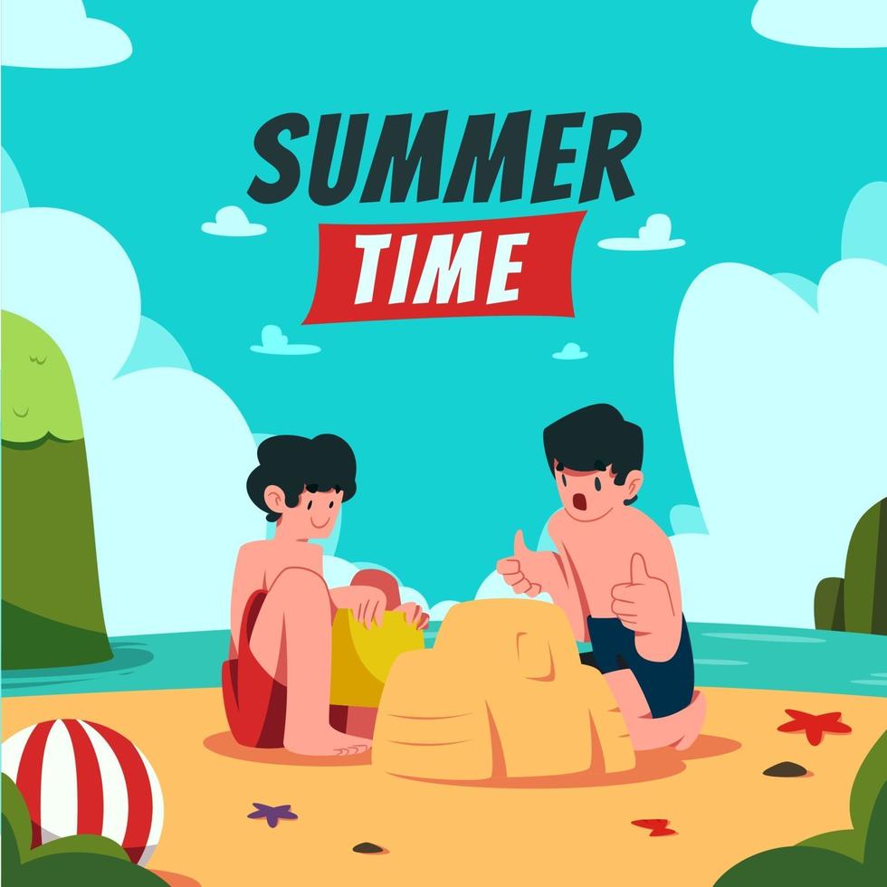 Children Play with Sand on Summer Beach vector