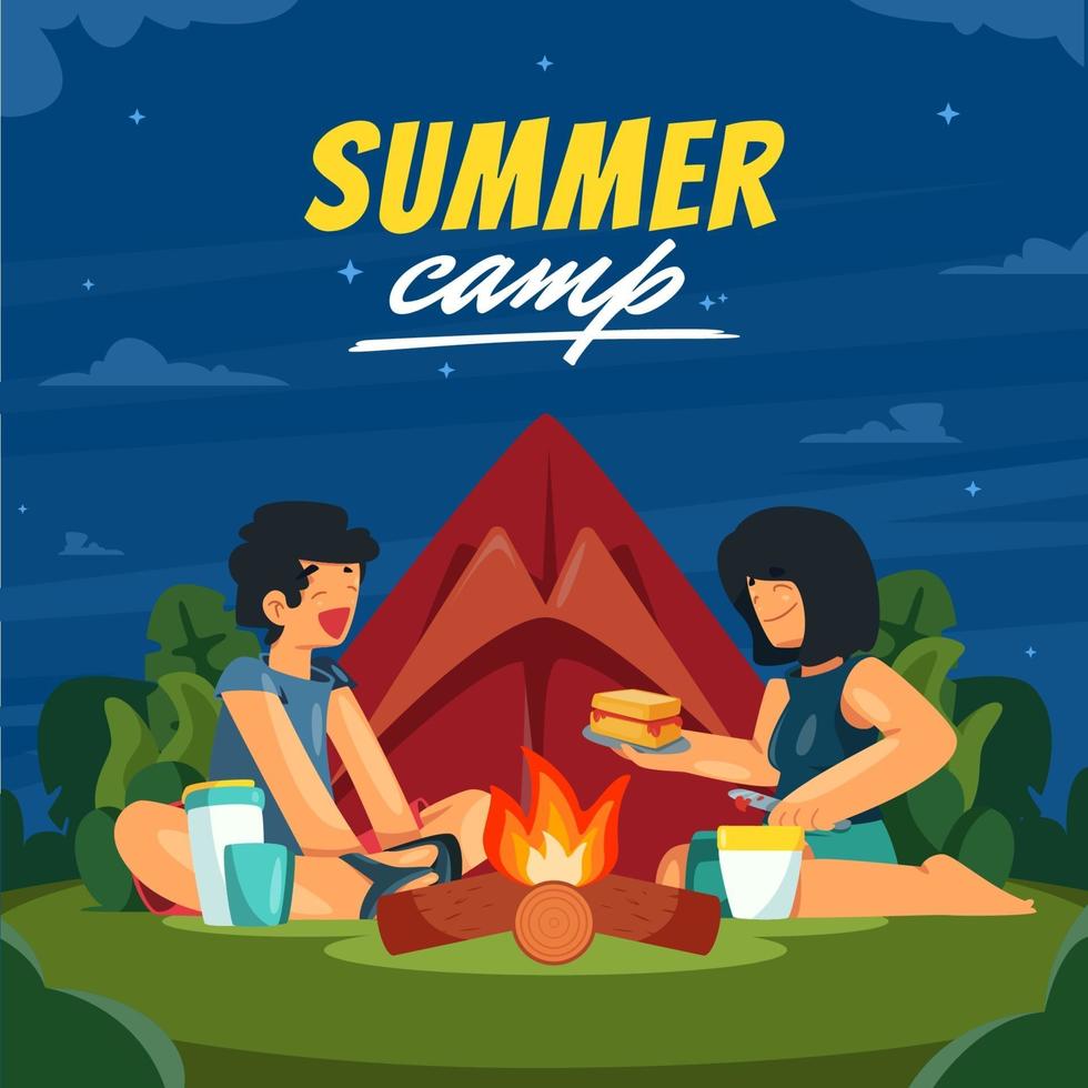 pareja en campamento de verano con fogata en la noche vector