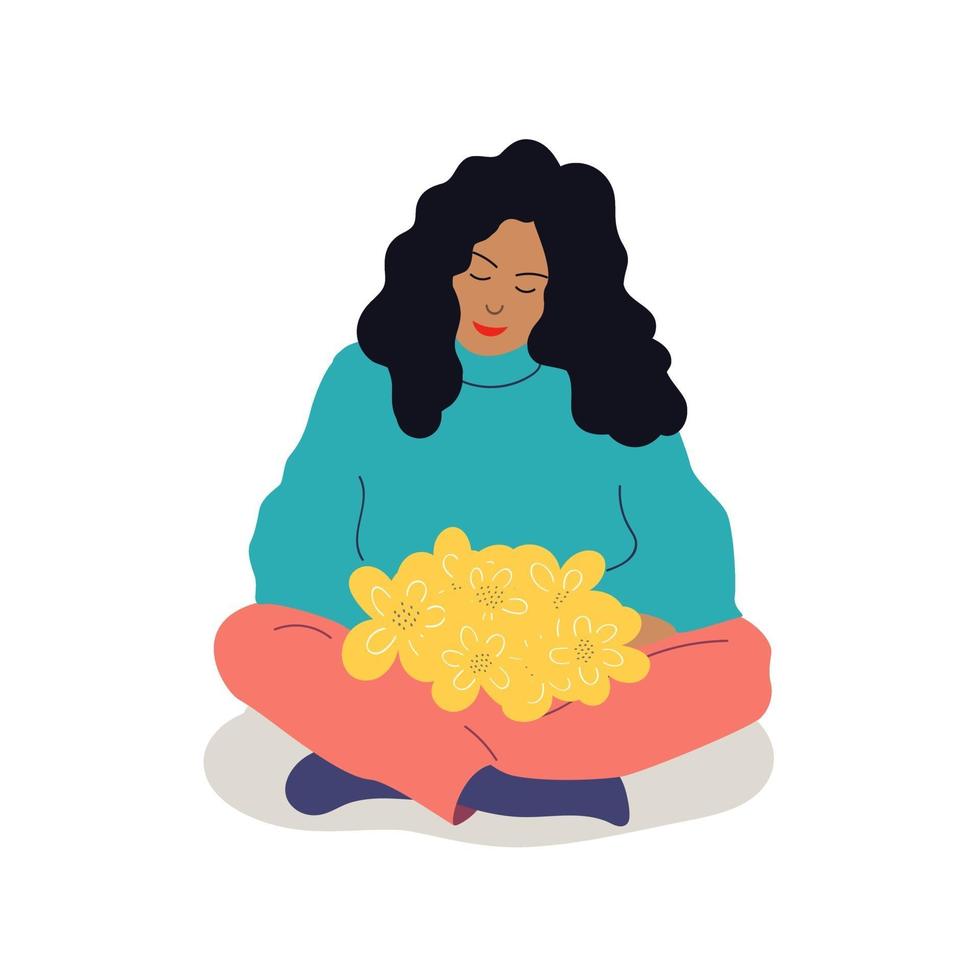 A girl holds a bouquet of flowers sitting on the floor. The concept of International Womens Day, Valentines Day, holidays, birthday. vector cartoon illustration