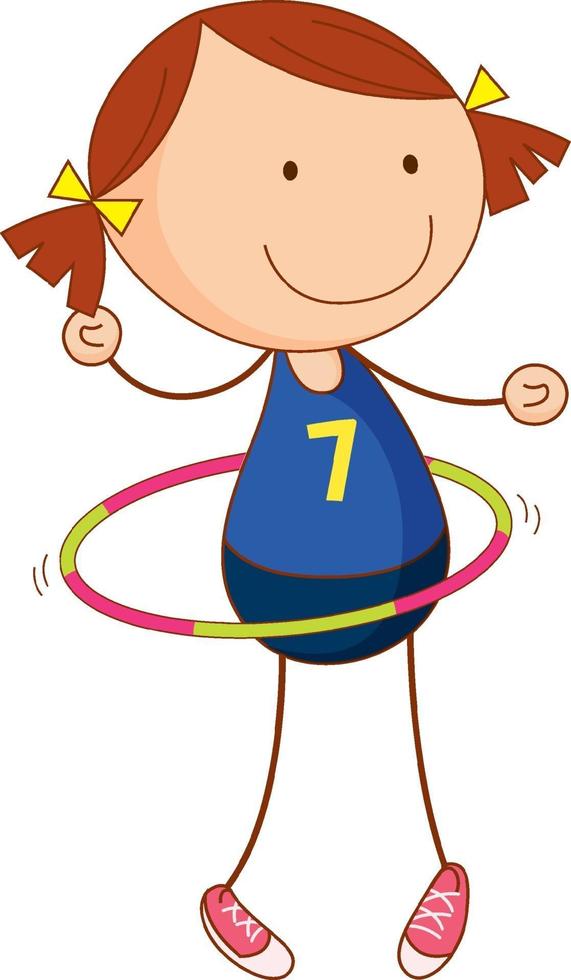 Cute girl playing hula hoop cartoon character in hand drawn doodle style isolated vector