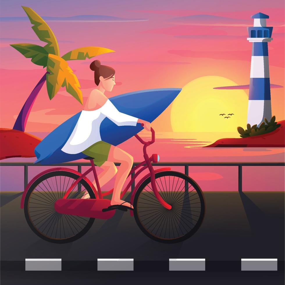 Girl Riding Bicycle on Beach vector