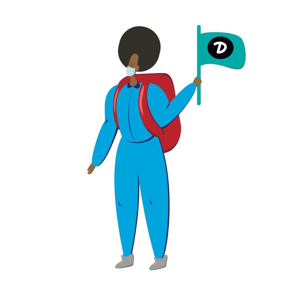 The courier is an African-American man wearing a medical mask and carrying a backpack.A young black woman delivers food. Vector flat illustration