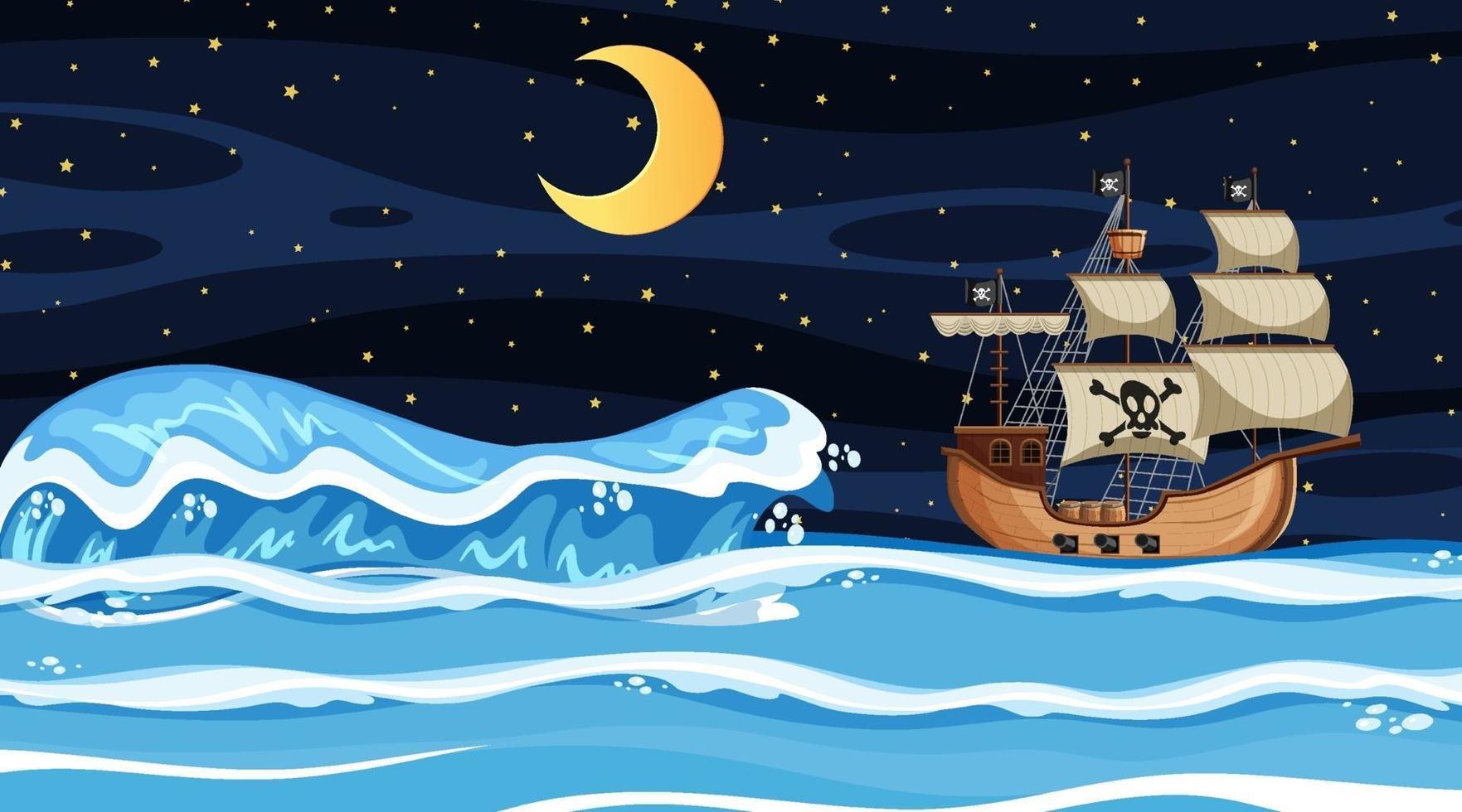 escena del océano en la noche con barco pirata en estilo de dibujos animados vector