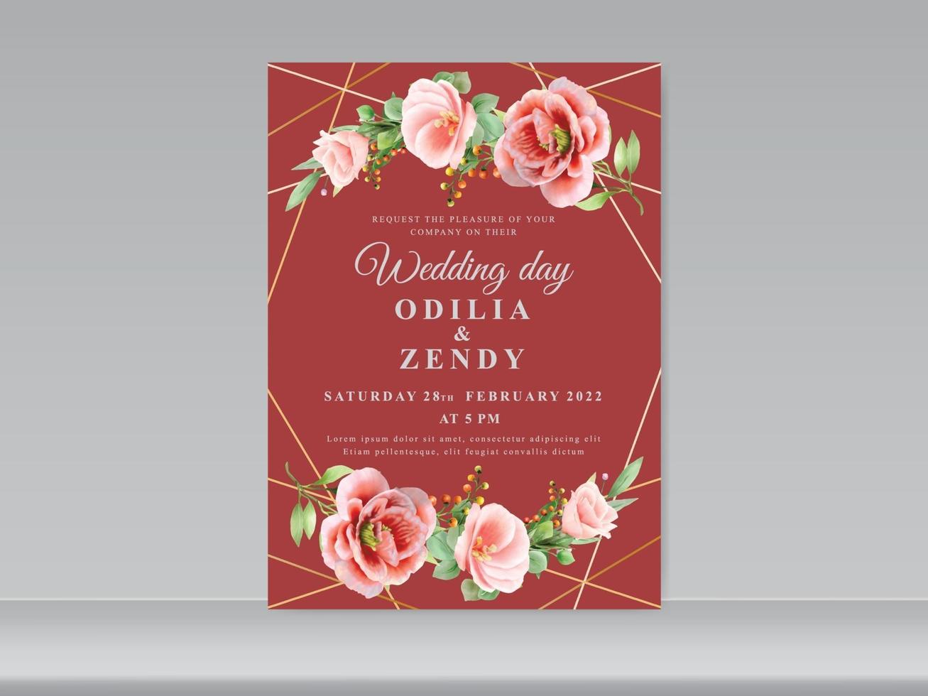 wedding invitation red floral themes vector