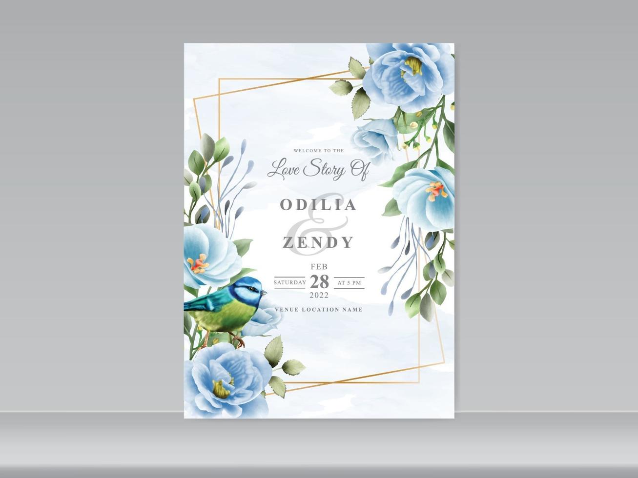 tarjeta de boda azul floral y pájaro vector