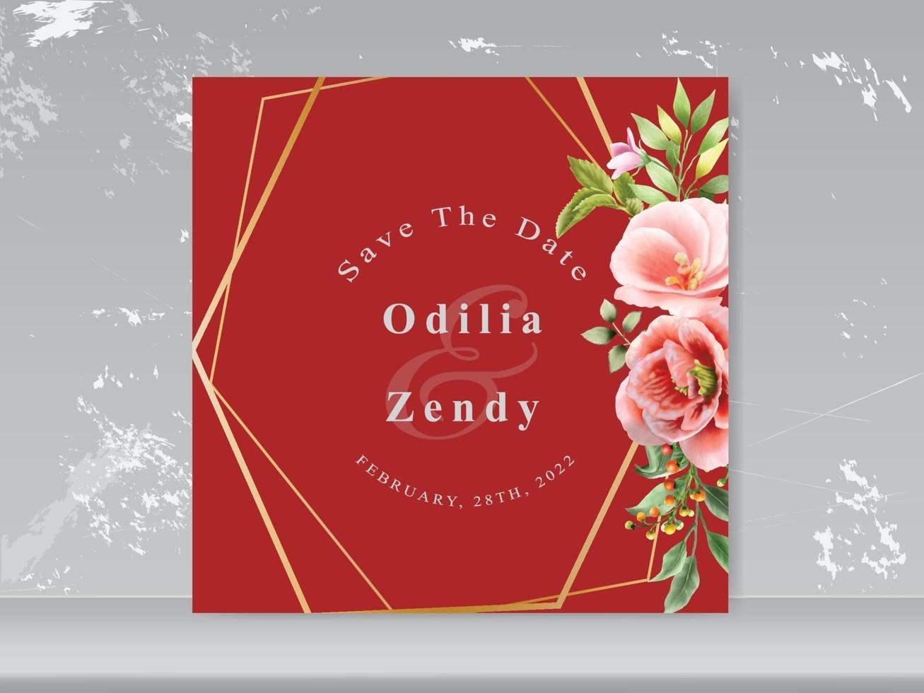 wedding invitation red floral themes vector