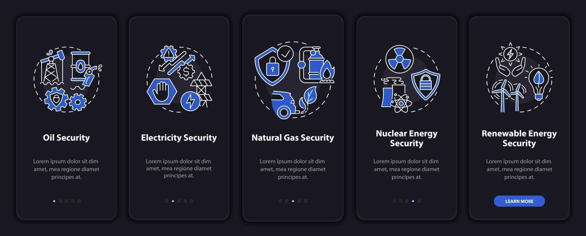 Pantalla de página de aplicaciones móviles de incorporación de tipos seguros de energía con conceptos vector