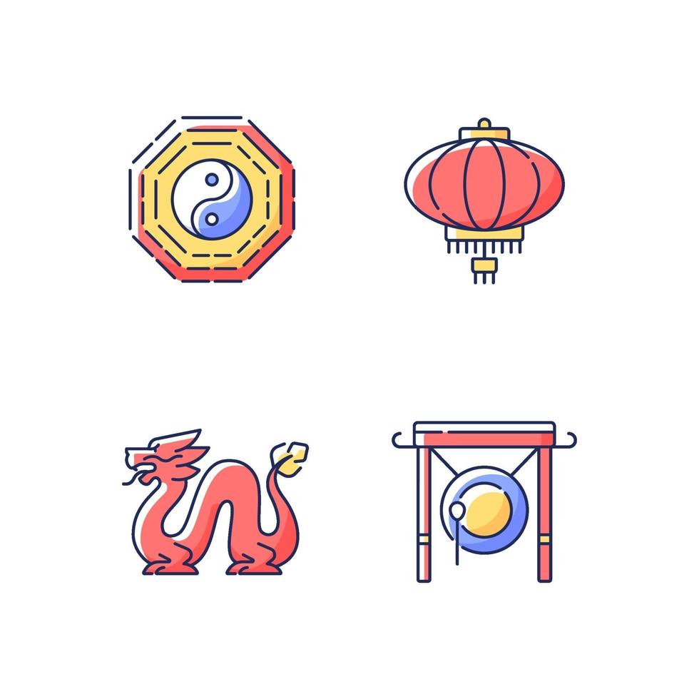 Lunar New Year attributes RGB color icons set vector