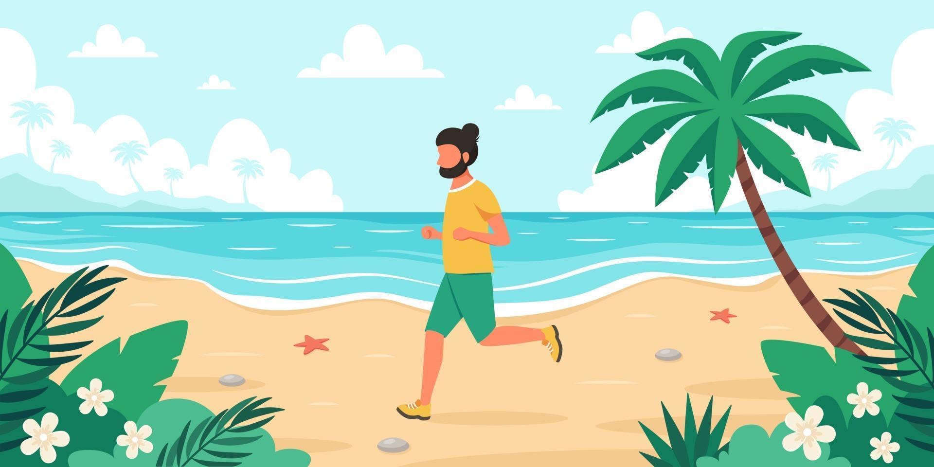 Leisure time on beach. Man jogging. Summer time. Vector illustration