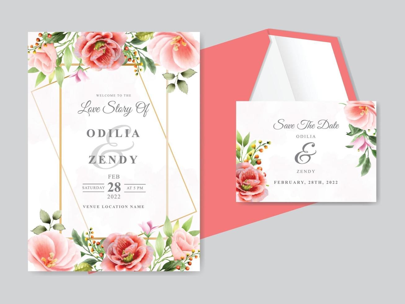 wedding invitation red floral themes vector