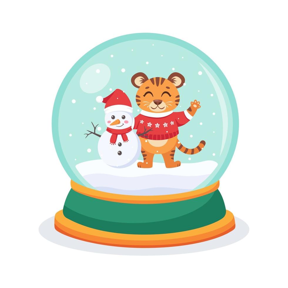 Bola de nieve navideña con un tigre y un muñeco de nieve en el interior. esfera de globo de nieve. ilustración vectorial. vector