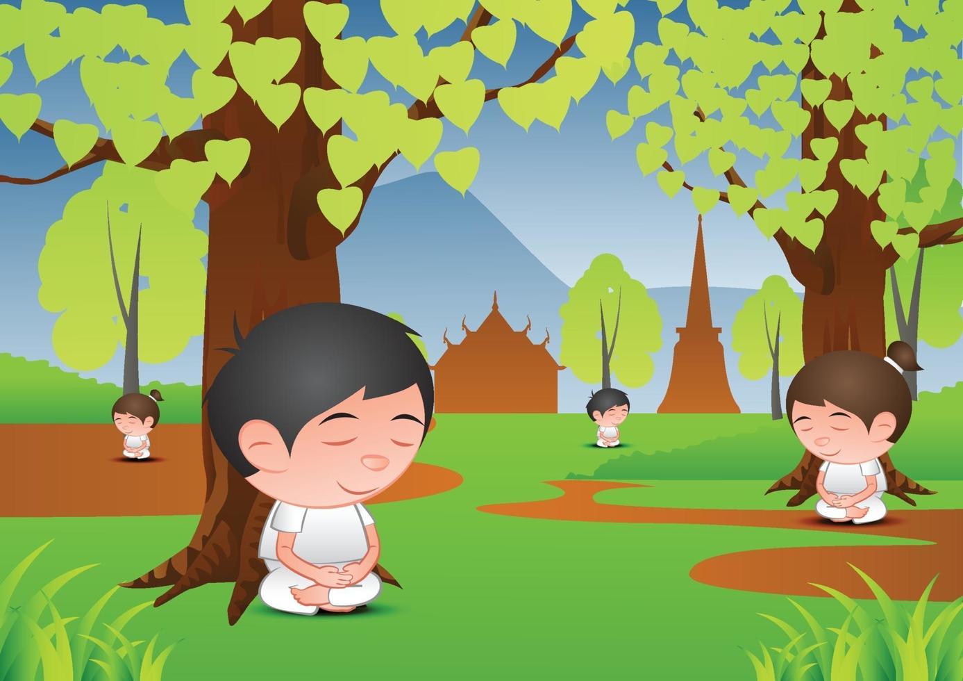 Dibujos animados de hombre y mujer con cabeza de burbuja grande en meditación bajo un árbol vector