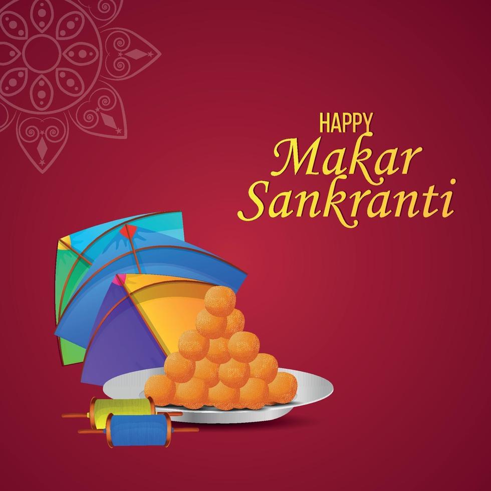 Makar sankranti indian festival with creative drum and beautiful kites vector